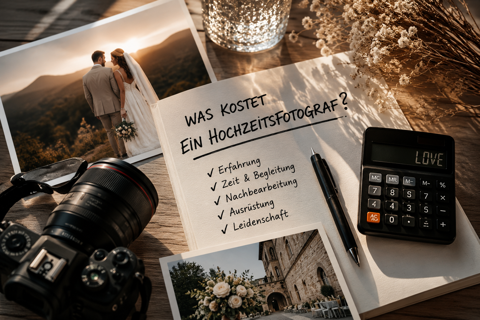 Was kostet ein Hochzeitsfotograf — Kamera, Taschenrechner und Hochzeitsfotos